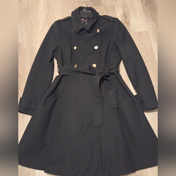 Ted Baker Flared Skirt Trench Coat Classic Black Trench Coat Size 5 - Picture 5 of 8